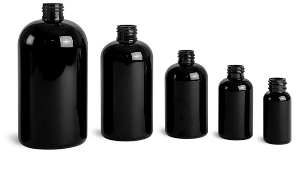 16 oz black PET plastic squat boston round bottle with 24-410 neck finish - Case of 160