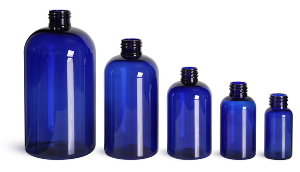 4 oz cobalt blue PET plastic boston round bottle with 24-410 neck finish- Case of 500