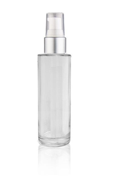 2 Oz Clear Cylinder Glass Bottle with White Silver Treatment Pump