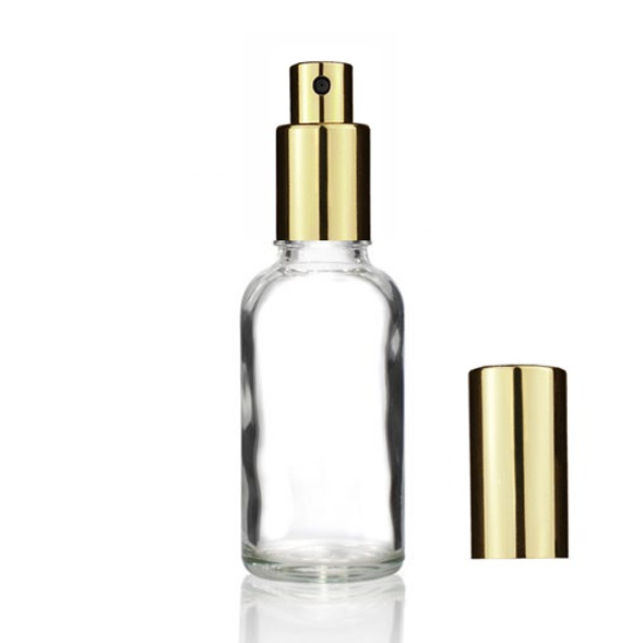 50 ml  Clear Euro Dropper Bottle with Shiny Gold Sprayers 18-DIN neck finish