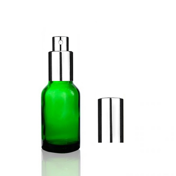 15ml Green Euro Dropper Bottle with Shiny Silver Sprayer 18-DIN neck finish