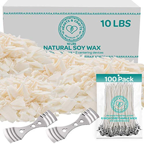 Natural Soy Candle Wax and Candle Making Supplies - 10 lbs Soy Wax for Candle Making - 100 6-Inch Pre-Waxed Candle Wicks - 2 Metal Centering Devices - 10 Pounds Soy Wax Flakes