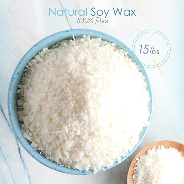 Natural Soy Wax and DIY Candle Making Supplies - 15 Lbs Soy Candle Wax Flakes, 24 Candle Wax Dye Blocks, 200 Cotton Wicks, and 4 Metal Centering Device