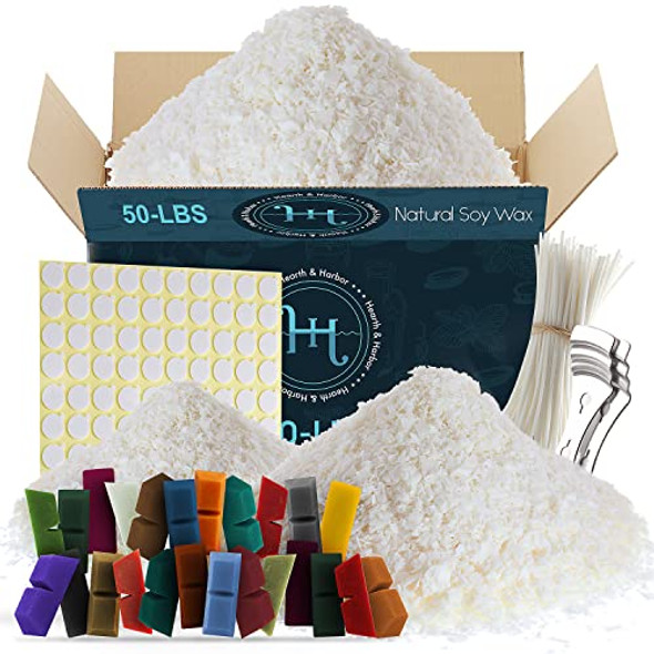 Natural Soy Wax and DIY Candle Making Supplies - 50 Lbs Soy Candle Wax Flakes, 24 Candle Wax Dye Blocks, 500 Cotton Wicks, and 10 Metal Centering Device