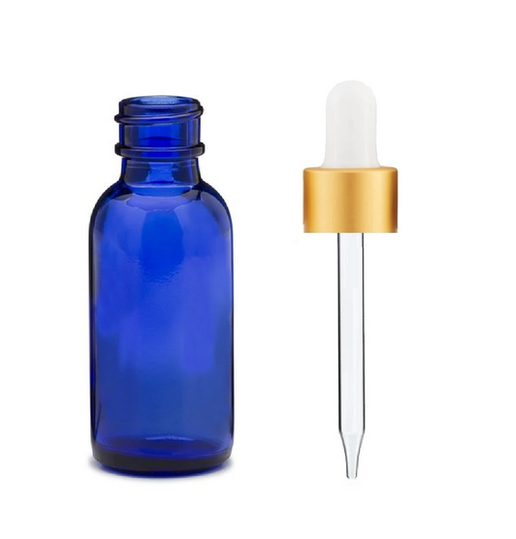 2 oz Cobalt BLUE Glass Bottle w/ White Matt Gold Glass Dropper