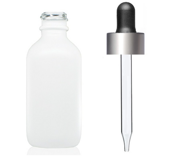 2 Oz Matt White Glass Bottle w/ Black Matt Silver Dropper