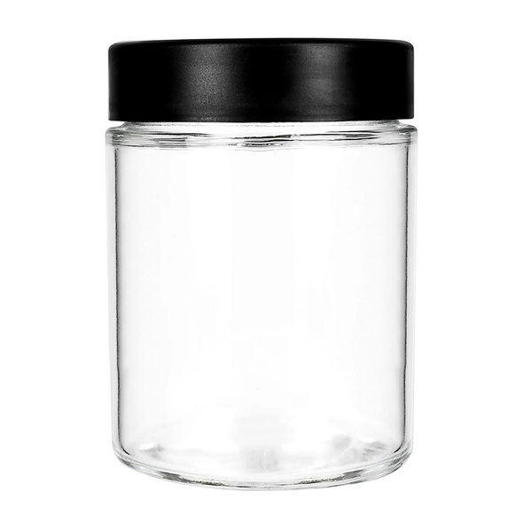 18OZ CHILD RESISTANT GLASS JARS WITH BLACK CAP - 28 GRAMS - 48 COUNT