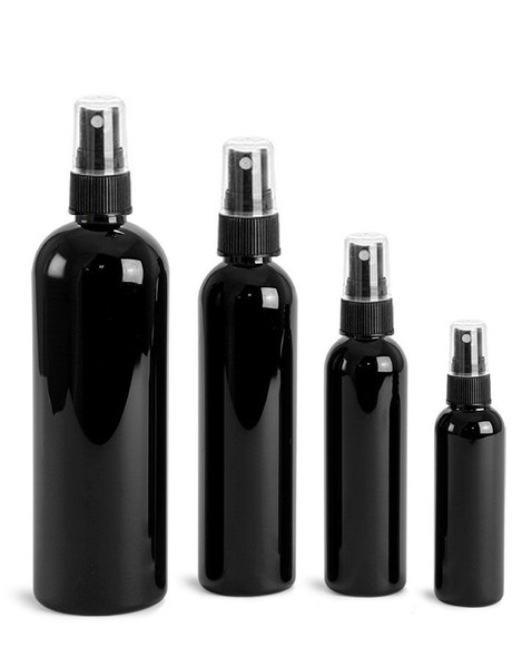 8 oz Black Plastic PET Cosmo Bullet Bottle w/ Black Fine Mist Sprayer Case of 426