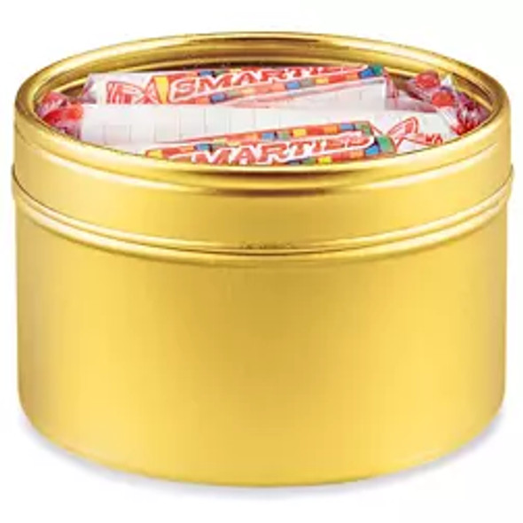 Deep Metal Tins - Round, 8 oz, Window Lid, Gold-Pack of 48