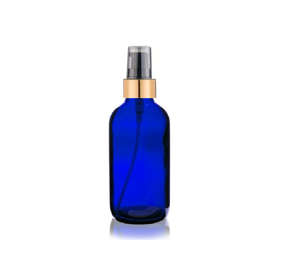 4 Oz Cobalt Blue Glass Bottle w/ Black Matte Gold Treatment Pump