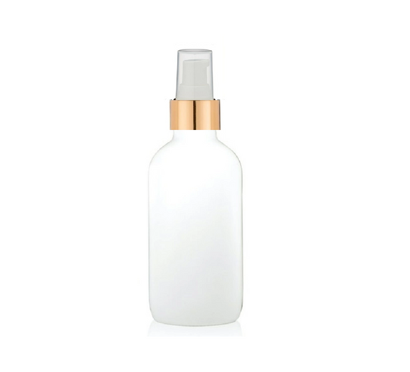 4 Oz White Glass Bottle w/ White Matte Gold Treatment Pump