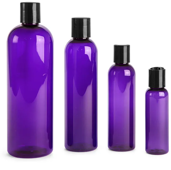 2 oz Purple Plastic PET Cosmo Round Bottles w/ Black Disc Top Caps - Bag of 96