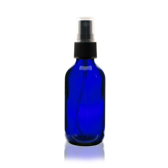 2 oz Cobalt BLUE Glass Bottle - w/ Black Fine Mist Sprayer