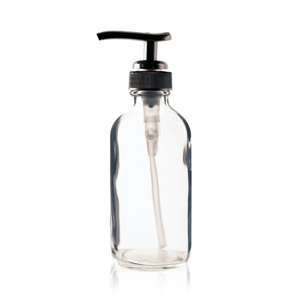 4 oz CLEAR Glass Bottle with 24 mm neck finish - w/ Black Lotion Pump with 24 mm neck finish