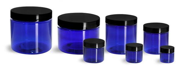 8 oz cobalt blue PET single wall jar with 70-400 neck finish w/ Plastic Lined Caps- Pack of 6