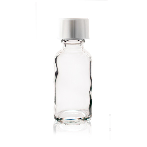 1 oz (30ml) CLEAR Glass Bottle w/ White Child Resistant Cap