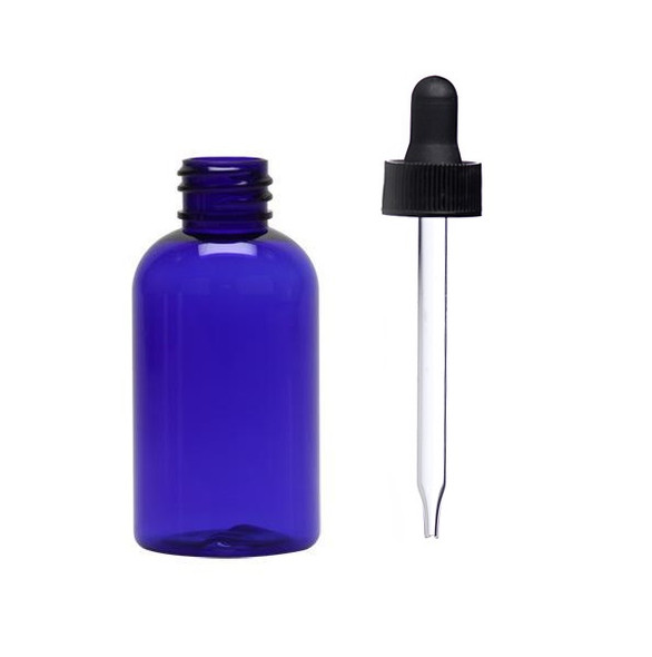 2 Oz Cobalt Blue PET SQUAT Boston Round Bottle w/ Black Dropper