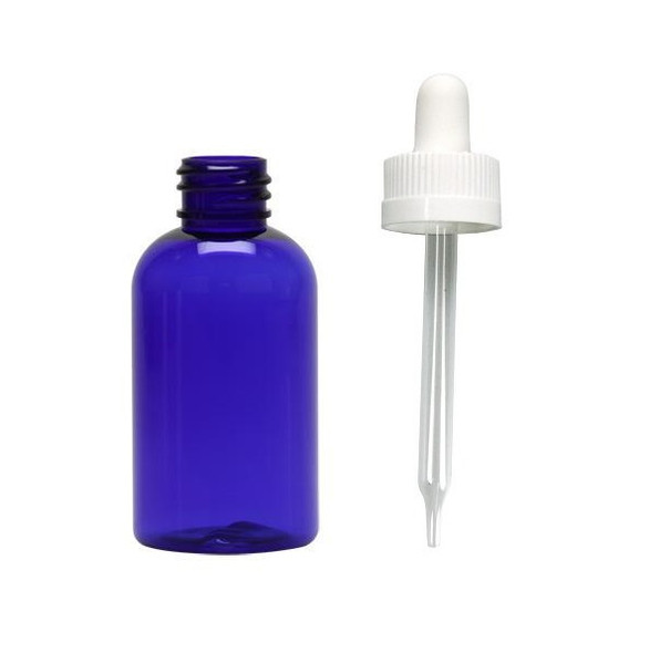 2 Oz Cobalt Blue PET SQUAT Boston Round Bottle w/ White Child Resistant Dropper