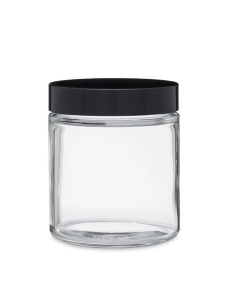 1 oz Clear GLASS Jar Straight Sided w/ Plastic Lined black Cap - pack of 12