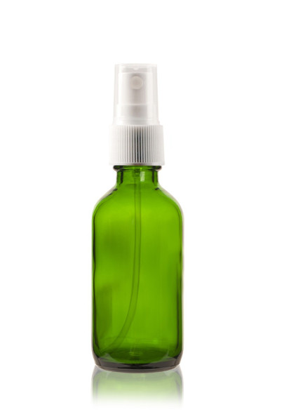 2 oz Green Glass Bottle w/ White Fine Mist Sprayer