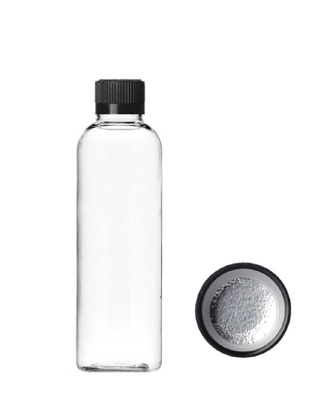 2 oz clear PET imperial round bottle with 20-410 neck finish - w/ Black PP 20-400 child-resistant lid