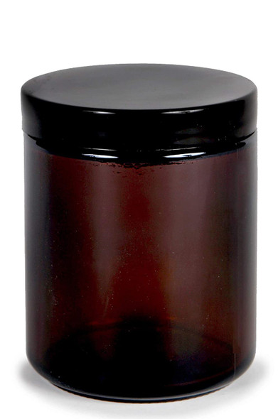 8 oz AMBER GLASS Jar Straight Sided w/ Black Plastic smooth Cap - pack of 6