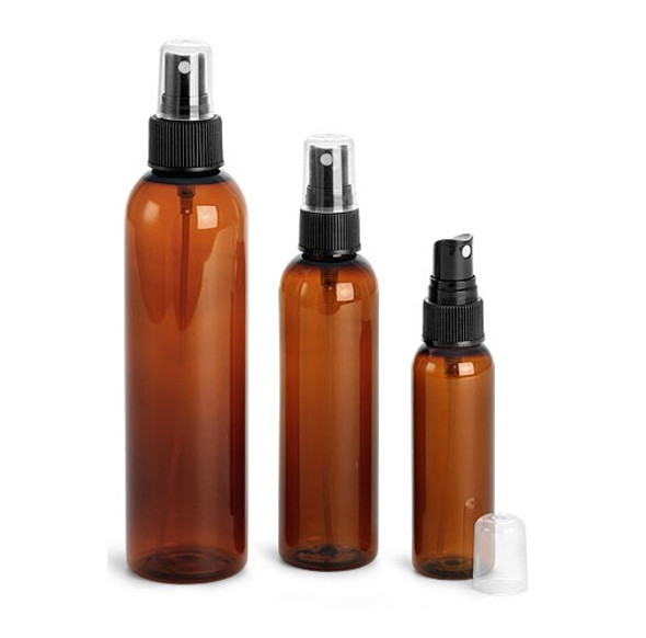 4 oz AMBER Plastic PET Cosmo Bullet Bottle w/ Black Fine Mist Sprayer Case of 60