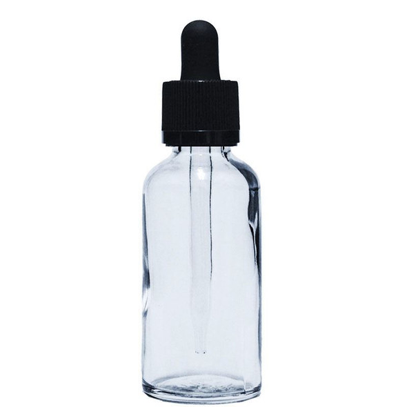 30 ml (1 oz) CLEAR Glass Euro Bottle w/ Black Child Resistant Tamper Evident Glass Dropper