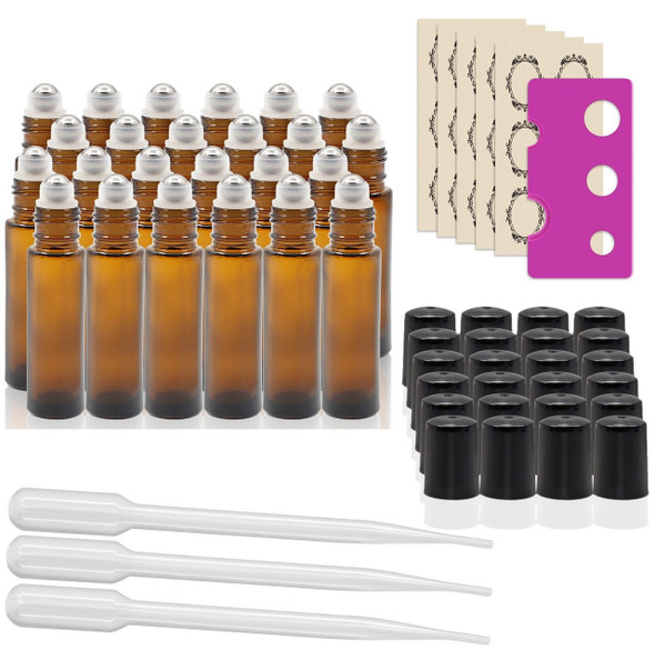 12 pcs, 10ml Amber Glass Roller Bottles with Stainless Steel Roller Ball (24 piece Set)