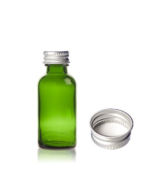 1 oz Green Glass Bottle with Silver aluminum 20-400 lid with foam liner