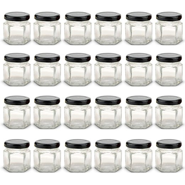 1.5 oz Mini Hexagon Glass Jars with BLACK Lids with Labels, Pack of 24