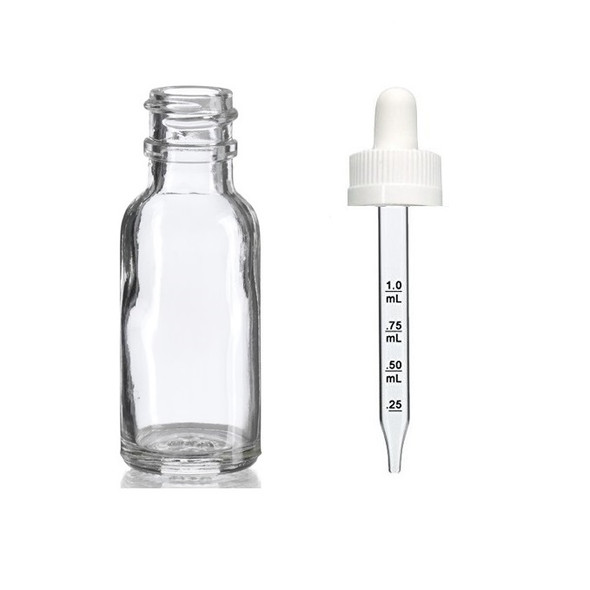 1/2 oz (15ml) CLEAR Glass Bottle - w/ White Child Resistant Calibrated Glass Dropper