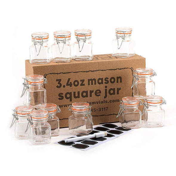 3.4 Ounce Mini Square Glass Spice Jar with Orange Flip-Top Gasket, Airtight Clear Storage Jars, with REUSABLE labels and Pen