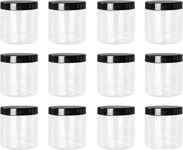 16 oz Big Mouth Clear Plastic PET Jar with Black Smooth Lids - Set of 6