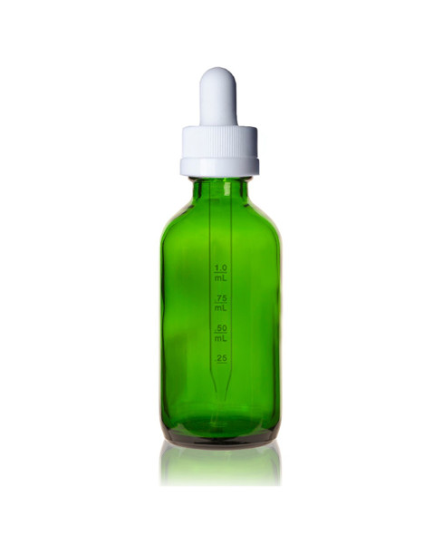 2 oz Green Glass Bottle w/ White Child Resistant Calibrated Glass Dropper