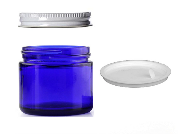 2 oz Cobalt BLUE GLASS Jar Straight Sided w/ White Metal Screw Lids - pack of 12