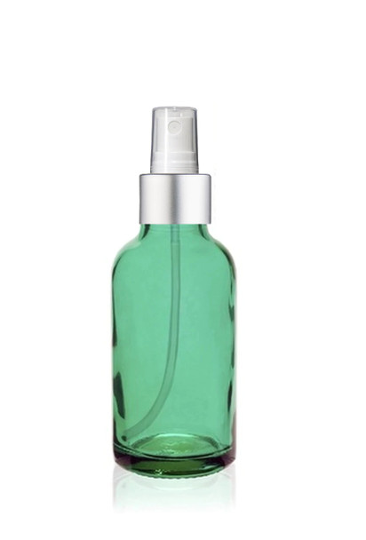 1 Oz Caribbean Green Glass Bottle w/ Matte silver and White Fine Mist Sprayer
