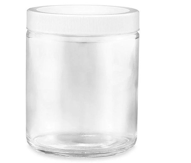 Straight-Sided Glass Jars - 8 oz, White Plastic Ribbed Lid - 24/case