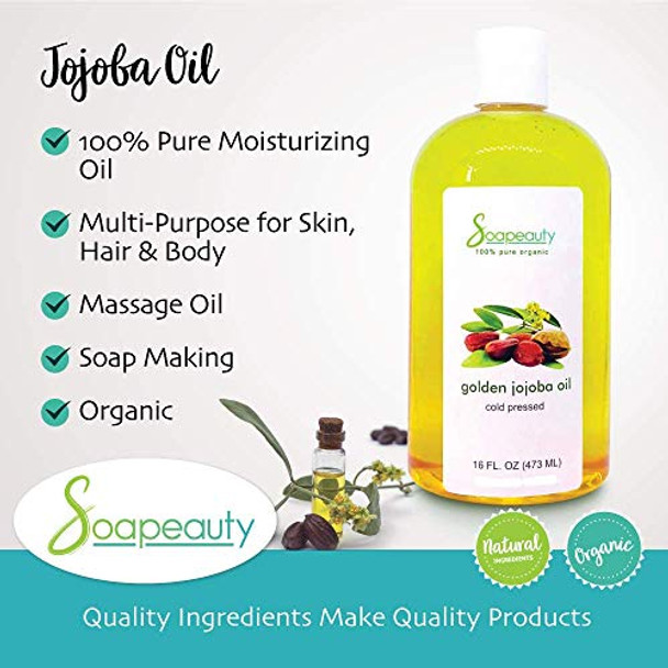 JOJOBA OIL Organic Cold Pressed Unrefined | 100% Pure Natural Golden Jojoba Oil | Carrier for Essential Oils, Moisturizer for Skin, Face & Hair, Massage, Soap Making | Sizes 4OZ to 1 GALLON | (16 OZ)