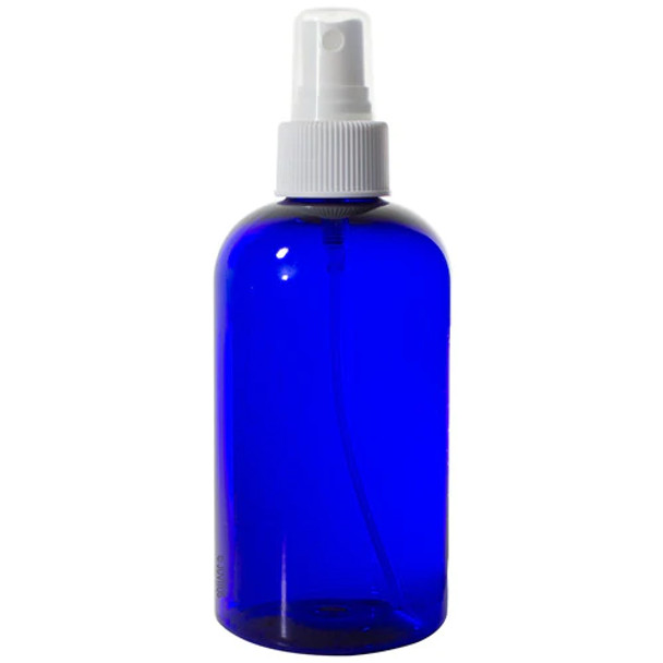 8 oz Cobalt BLUE PET SQUAT Boston Round Plastic Bottle w/ White Fine Mist Spray