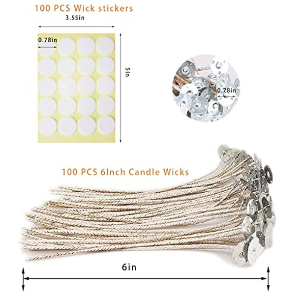 100 pcs ECO Wicks for Soy Candles, 6 inches Cotton Candle Wicks with Base, Low Smoke, No Peculiar Smell with 100PCS Candle Wick Stickers, for Soy Wax. Make It Easier for You to Make Candles.