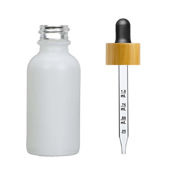 1 oz Matt White Glass Bottle w/ Black-Bamboo Calibrated Glass Dropper