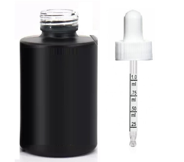 1 Oz Black  Cylinder Glass Bottle with 20-400 neck finish with White Bullnose Calibrated Dropper