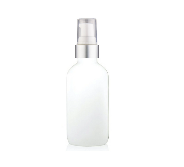 4 Oz White Glass Bottle w/ White Matte Silver Treatment Pump