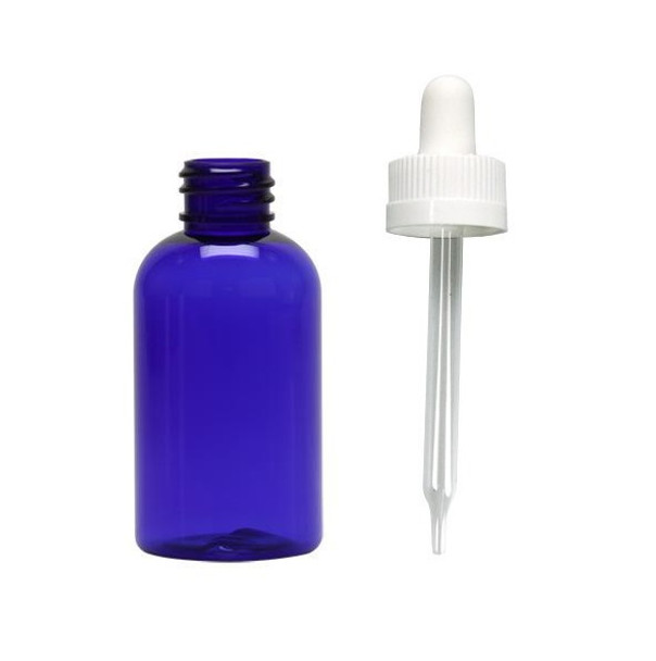 2 Oz Cobalt Blue PET SQUAT Boston Round Bottle w/ White Child Resistant Dropper