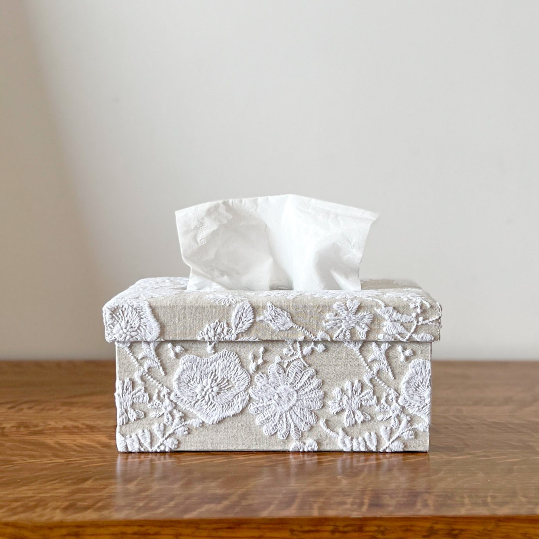 hacocco collection. Cartonnage tissue box with Japanese premium embroidered fabrics by artist Takako Tanaka.