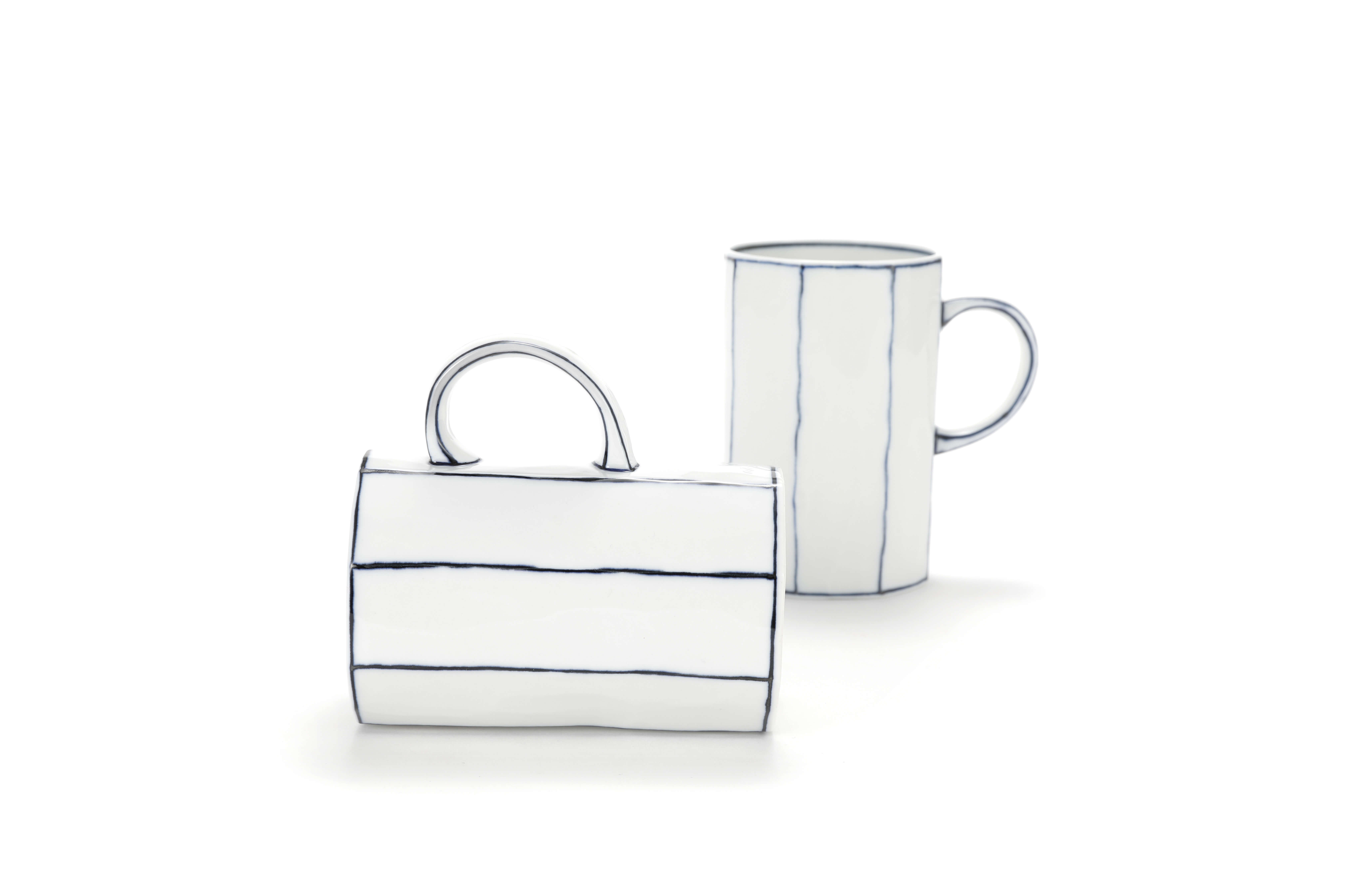 Handmade Ceramics from Korea, Unique angular mug in white with bluelines