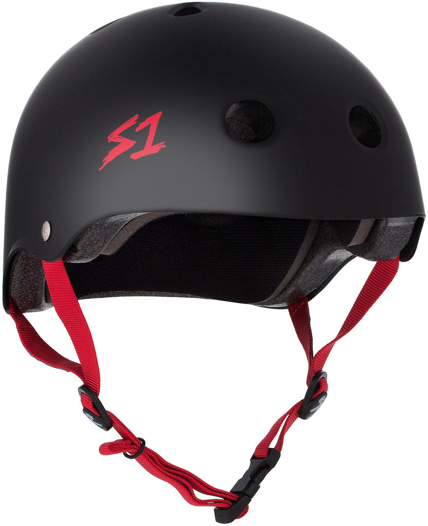 Black Matte w/ Red Straps skate Helmet 3/4 view