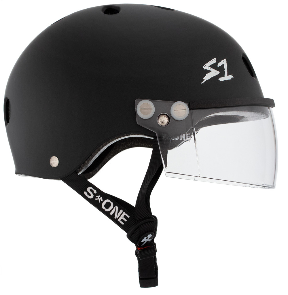 Black Matte Roller Derby Helmet S1 Lifer Visor side view.
