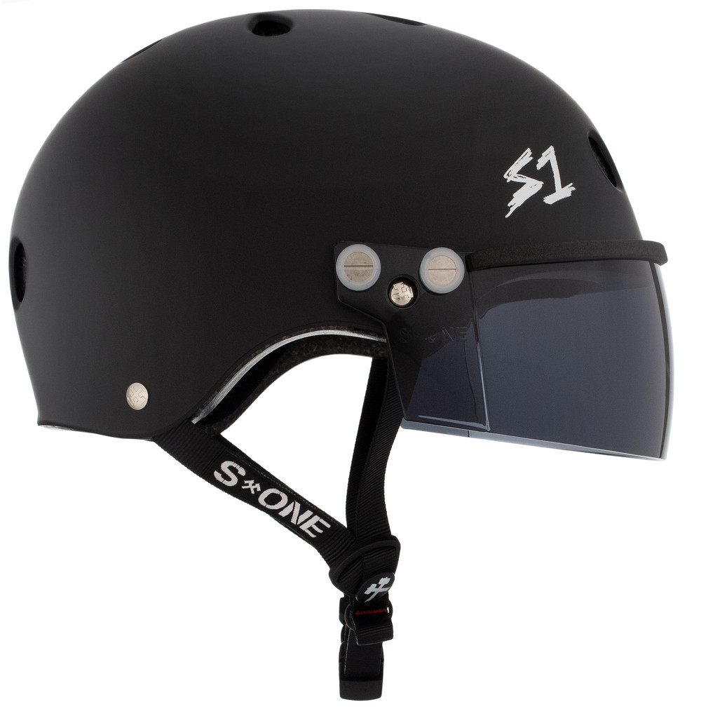 Black Matte Roller Derby Helmet S1 Lifer Tint Visor side view.
